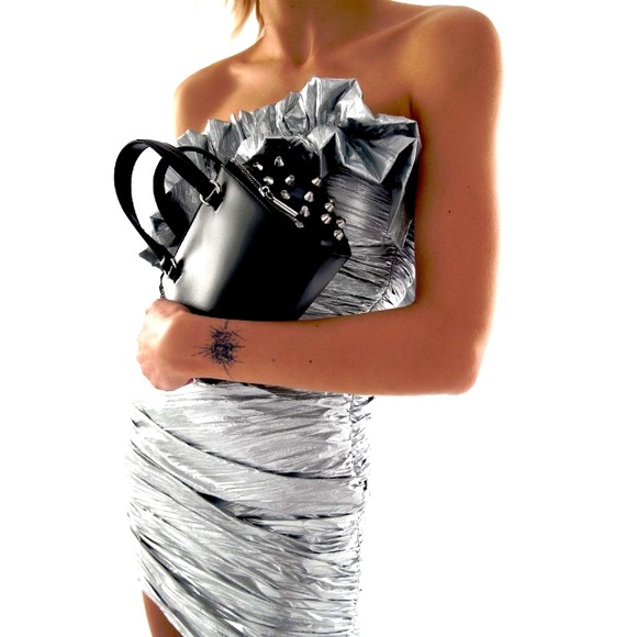 NWT ZARA silver foil finish ruffled strapless mini dress size M